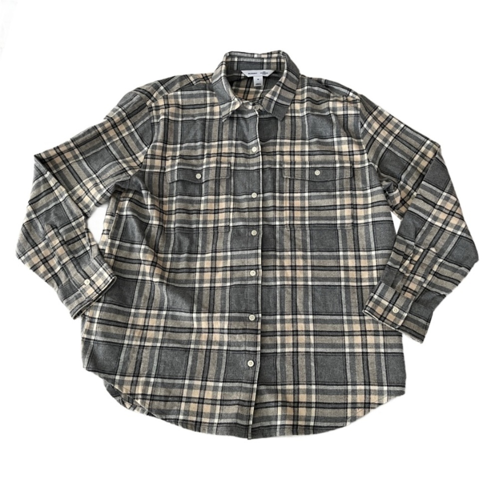 Old Navy The Boyfriend Shirt Tan & Gray Plaid Flannel‎ Button Down Shirt